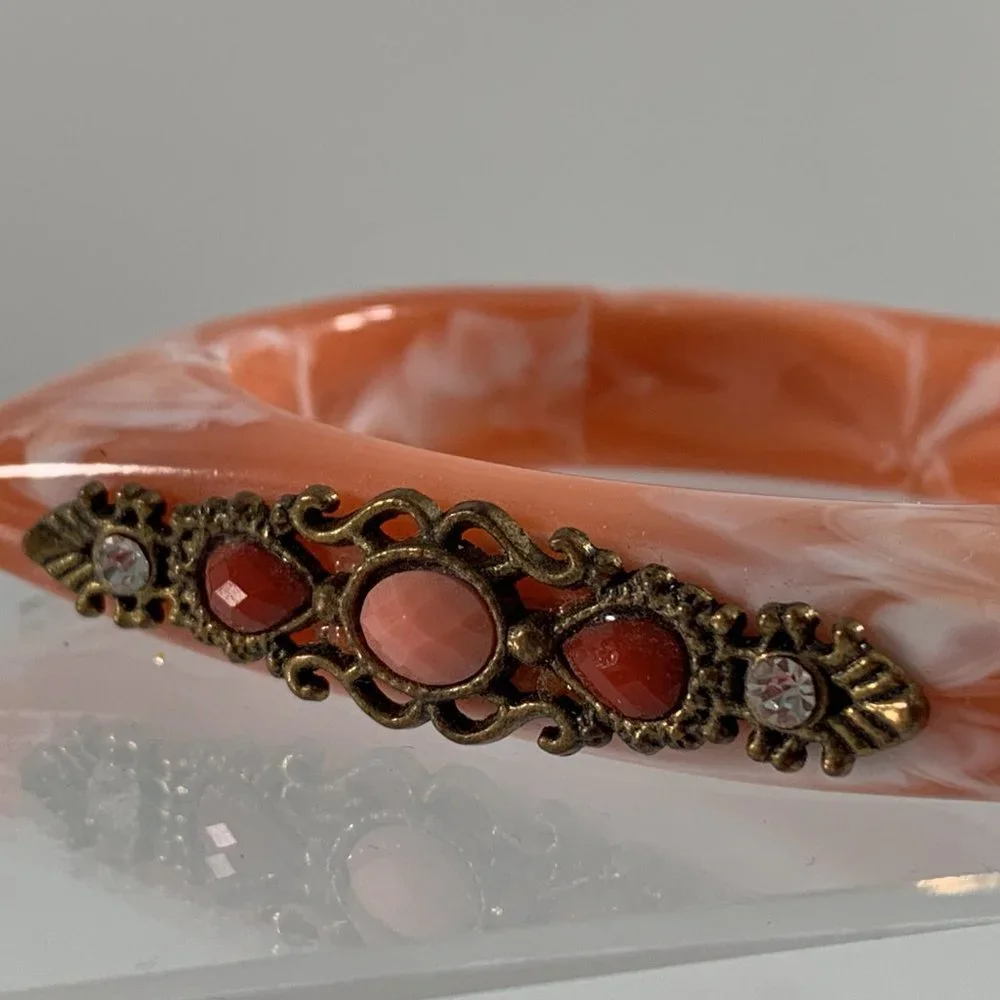 Lot of 2 Plastic Bejeweled Square Bangles Pink Tan Marbling Look Rhinestones
